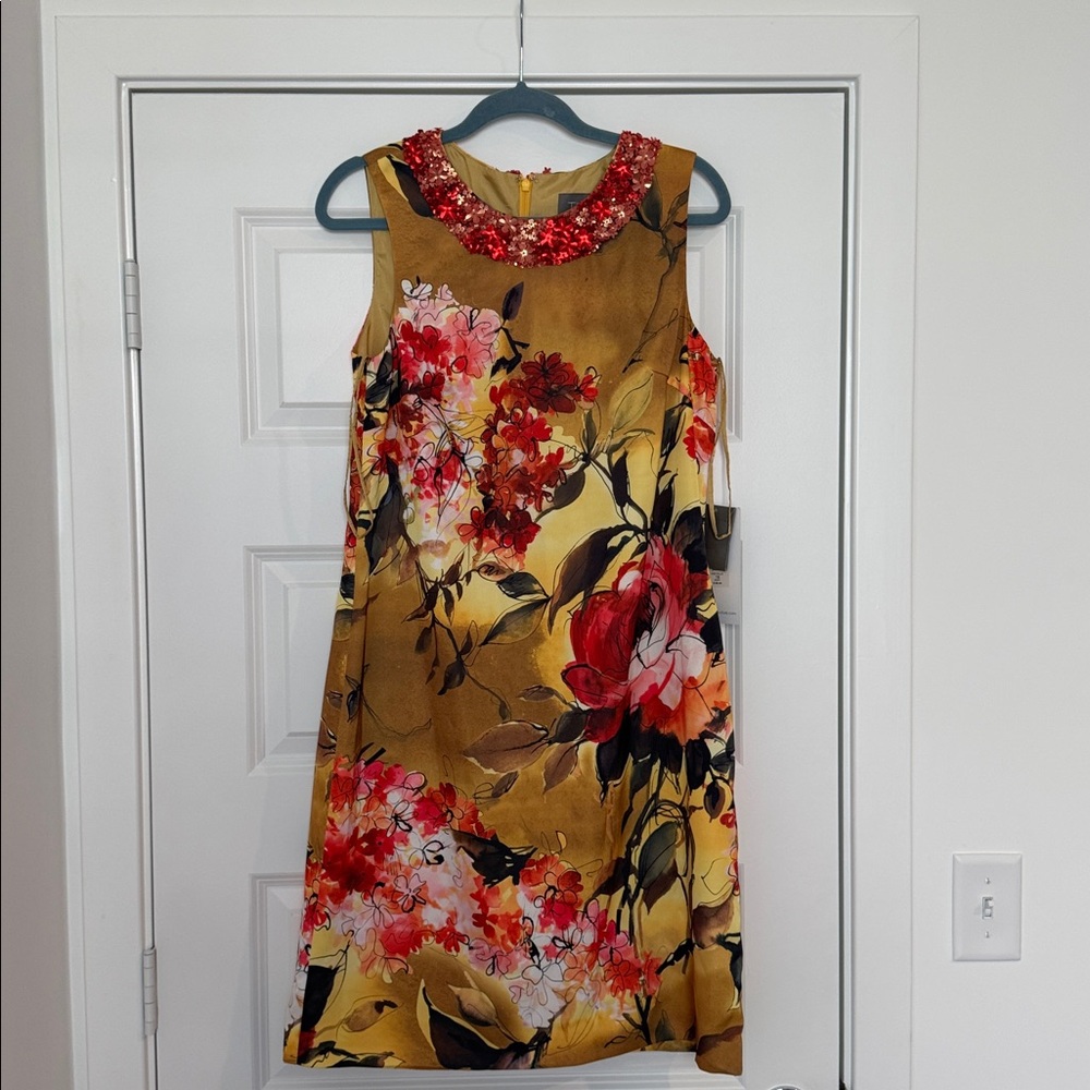 Theia Gold and Red Floral Dress